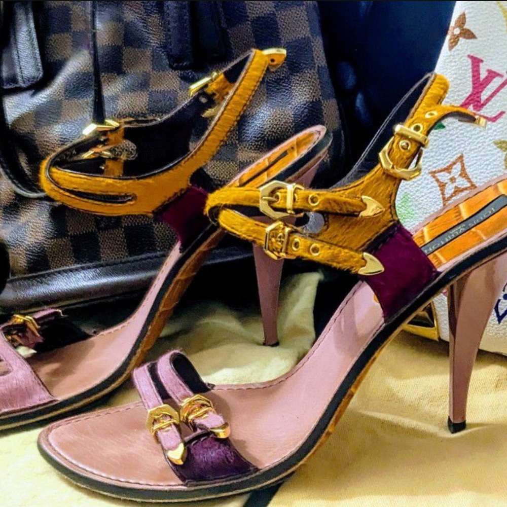 Authentic Louis Vuitton Pink MultiColor Pony hair Buckle Accent Slingback Sandal